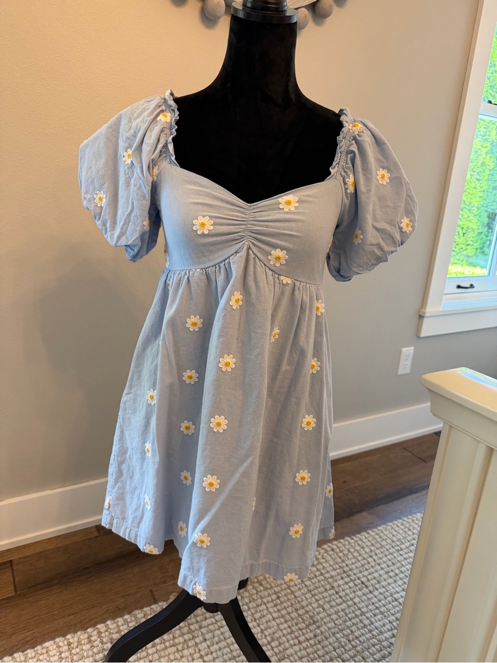 Altar'd State Light Blue Mini Dress with White & Yellow Daisy Embroidery